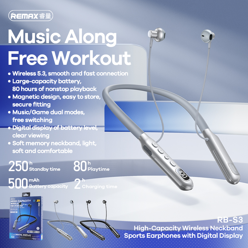 REMAX High-Capacity Wireless Neckband Sports Earphones with Digital Display RB-S3